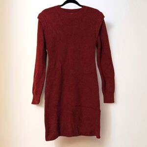 Burgundy Ribbed Sweater Dress with Long Cuffed Sleeves